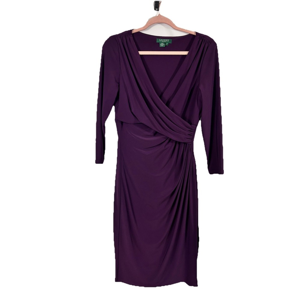 Lauren Ralph Lauren Purple Faux Wrap Dress 10 Plum Ruched Sheath Cocktail Career